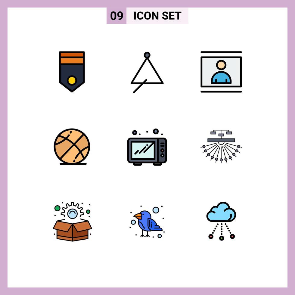 Pack of 9 Modern Filledline Flat Colors Signs and Symbols for Web Print Media such as game basketball sound picture person Editable Vector Design Elements