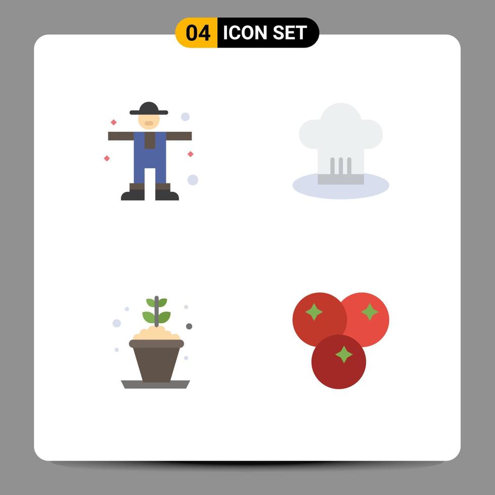 Editable Vector Line Pack of 4 Simple Flat Icons of character plant scarecrow chef hat hobby Editable Vector Design Elements