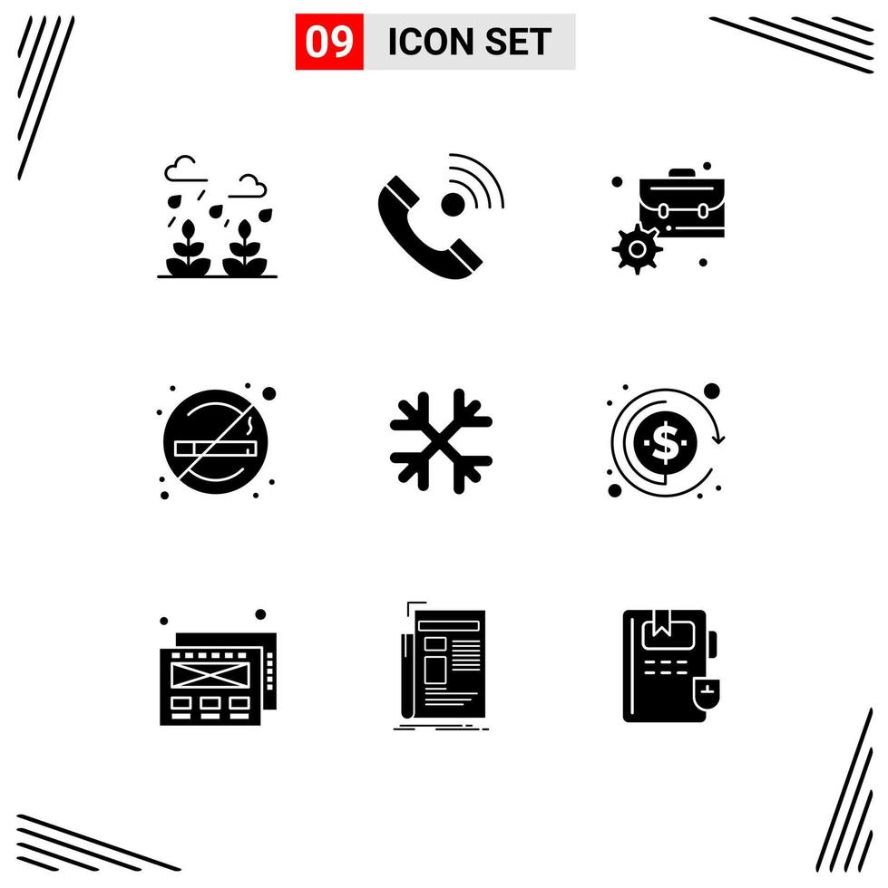 Set of 9 Commercial Solid Glyphs pack for snow smoking outgoing no management Editable Vector Design Elements