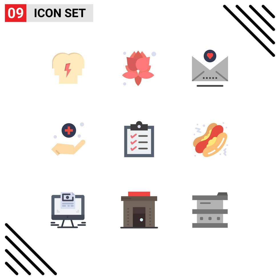 Modern Set of 9 Flat Colors Pictograph of food tasks heart list sign Editable Vector Design Elements