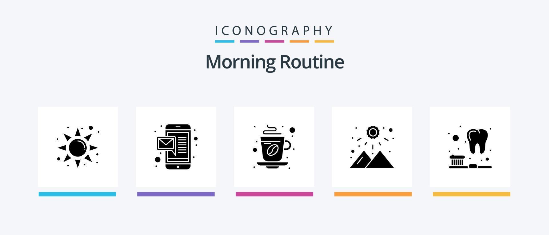 Morning Routine Glyph 5 Icon Pack Including teeth. brush. tea. mountain. sunset. Creative Icons Design vector