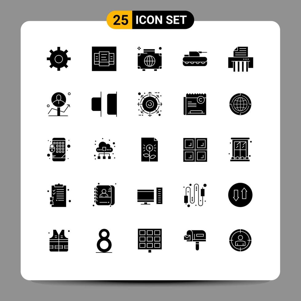 Group of 25 Solid Glyphs Signs and Symbols for shredder device global tank military Editable Vector Design Elements