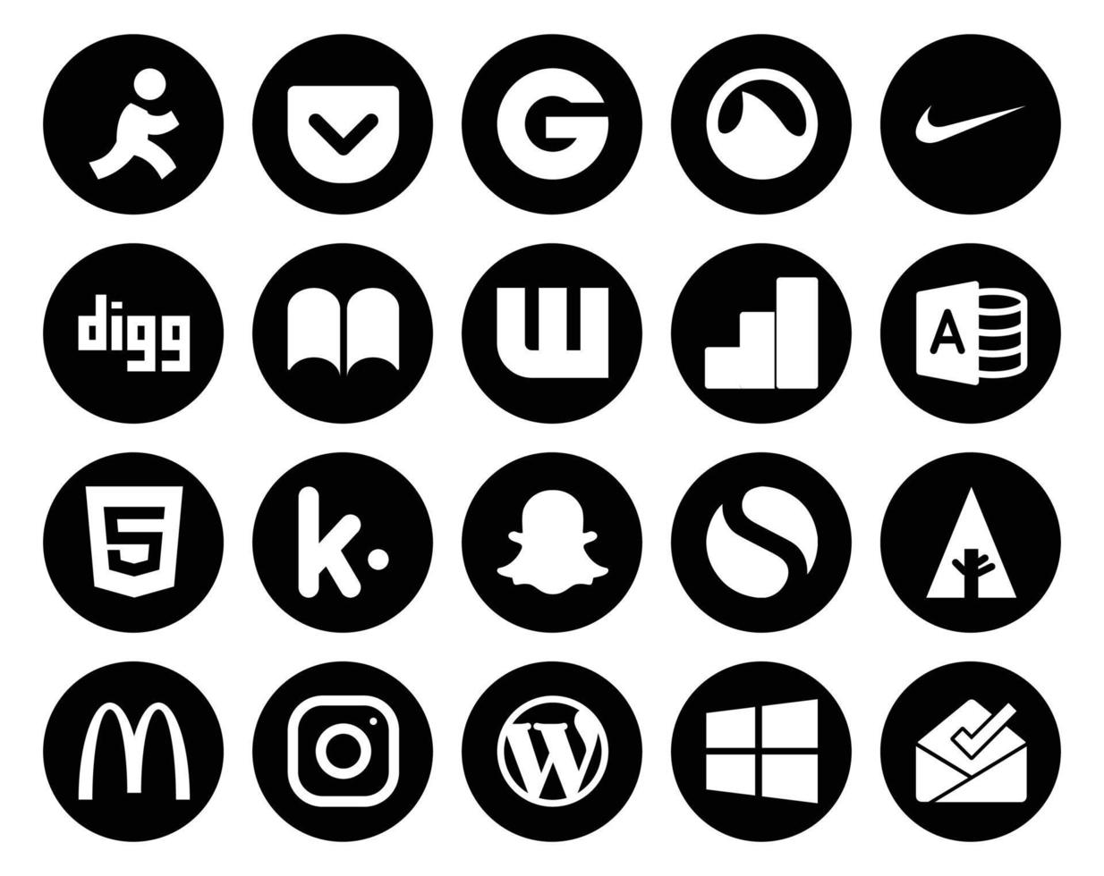 20 paquetes de íconos de redes sociales que incluyen wordpress mcdonalds google analytics forrst snapchat vector