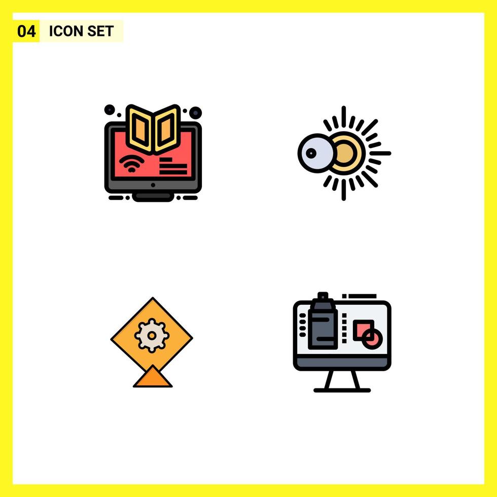 Modern Set of 4 Filledline Flat Colors and symbols such as elearning kite webinar sun computer Editable Vector Design Elements