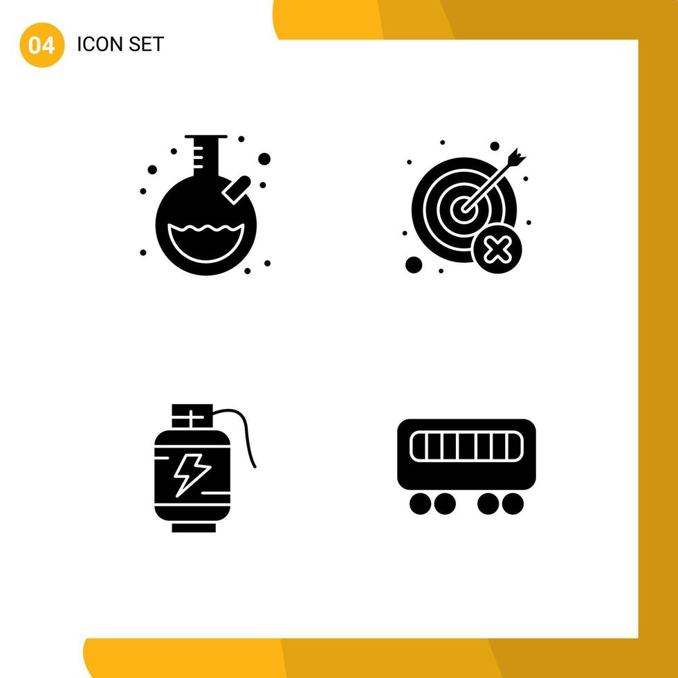 Set of 4 Commercial Solid Glyphs pack for laboratory battery fail target charg Editable Vector Design Elements