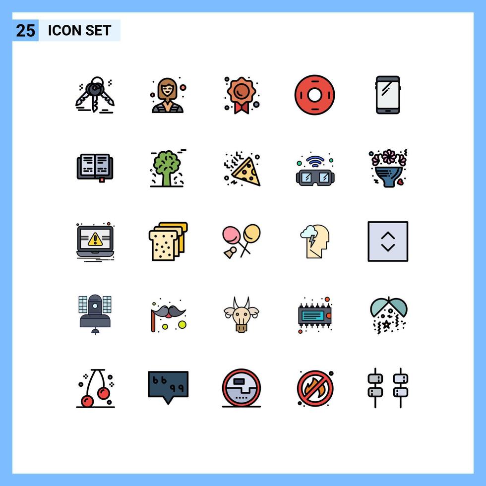 grupo de 25 colores planos de líneas llenas modernas establecidos para símbolos de calidad de teléfonos móviles que firman elementos de diseño de vectores editables