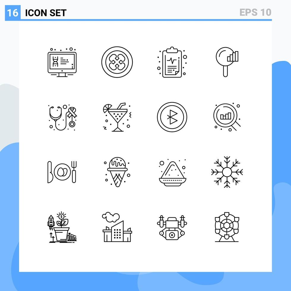 Group of 16 Modern Outlines Set for signal search fruit find medical Editable Vector Design Elements
