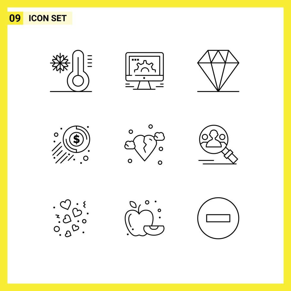 Pack of 9 Modern Outlines Signs and Symbols for Web Print Media such as broken coin web money cash Editable Vector Design Elements