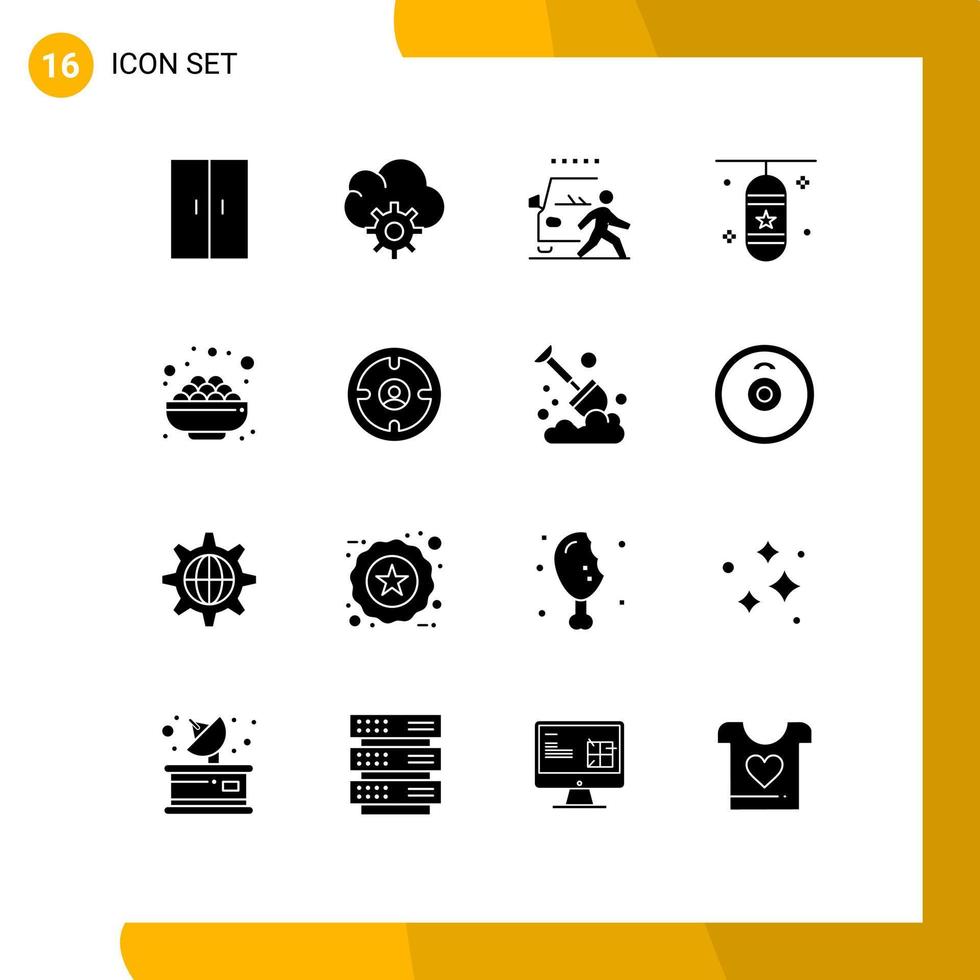 conjunto de pictogramas de 16 glifos sólidos simples de accesorios deportivos de tazón caja de perforación de automóviles bolsa de boxeo elementos de diseño vectorial editables vector