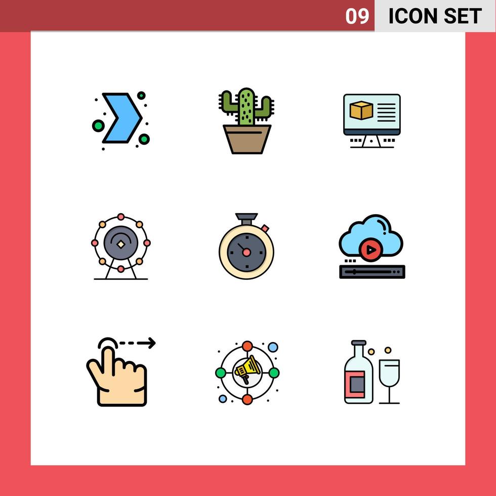 Mobile Interface Filledline Flat Color Set of 9 Pictograms of timer hotel computer service browser Editable Vector Design Elements