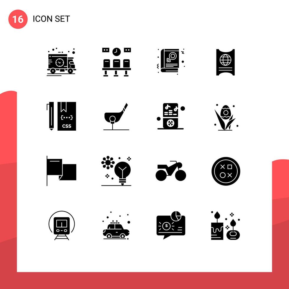 Group of 16 Modern Solid Glyphs Set for coding hotel book ticket pass Editable Vector Design Elements