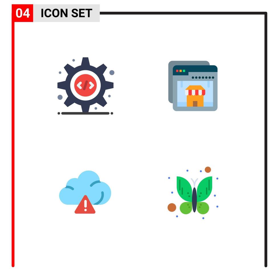 4 Universal Flat Icons Set for Web and Mobile Applications html alert gear shop butterfly Editable Vector Design Elements