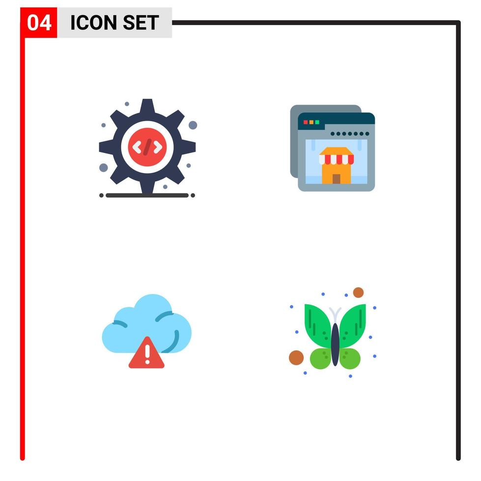 4 iconos planos universales establecidos para aplicaciones web y móviles elementos de diseño de vectores editables de mariposa de tienda de engranajes de alerta html