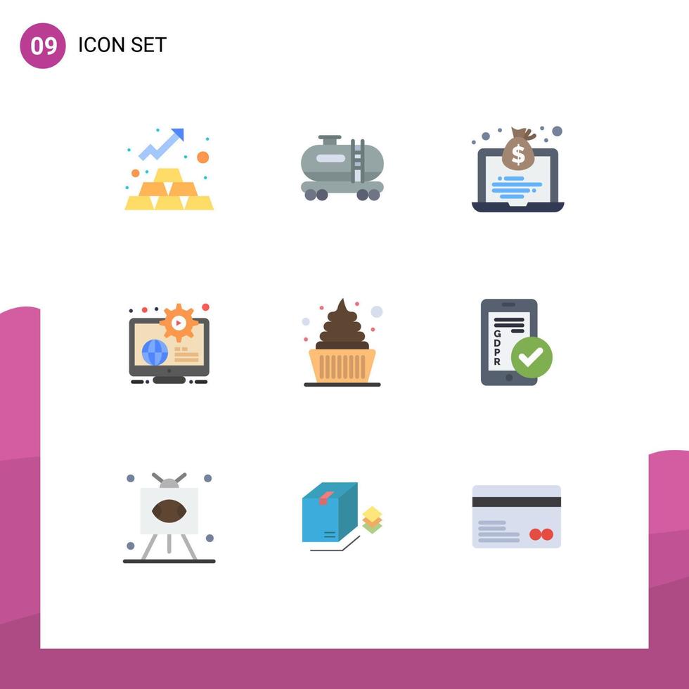 paquete de 9 signos y símbolos de colores planos modernos para medios de impresión web, como postres, aprender economía, educación, negocios, elementos de diseño de vectores editables