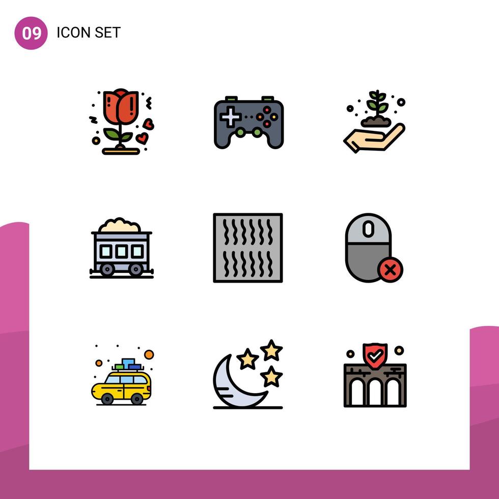 Pack of 9 Modern Filledline Flat Colors Signs and Symbols for Web Print Media such as reignite food earth day transport pollution Editable Vector Design Elements