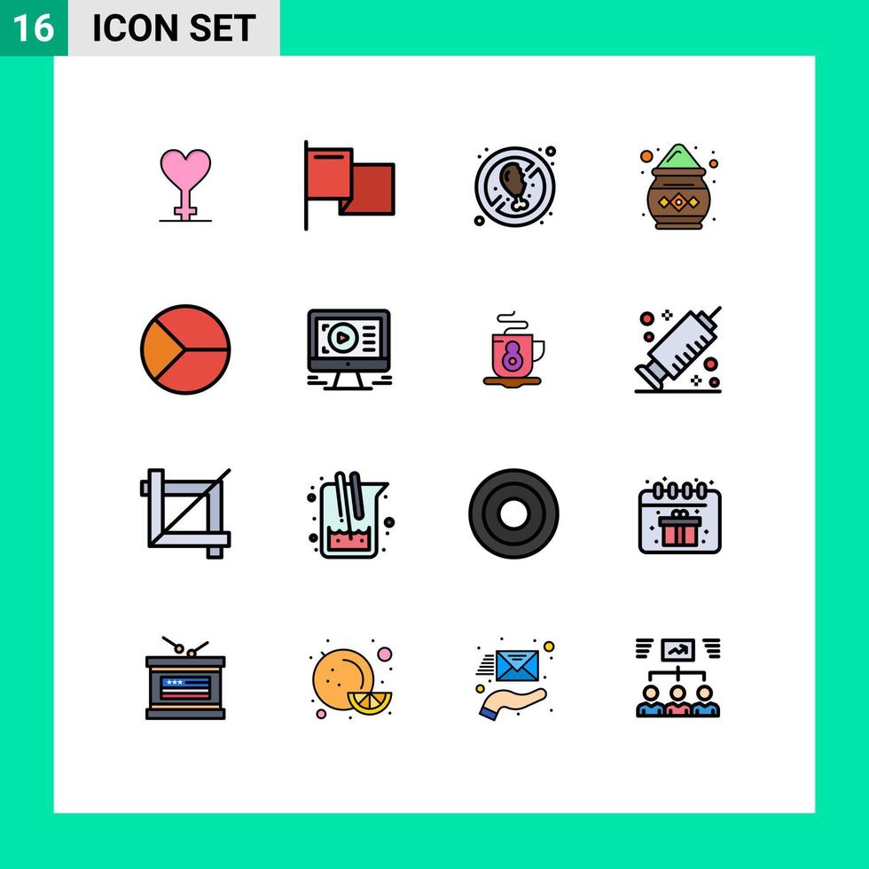 Pack of 16 Modern Flat Color Filled Lines Signs and Symbols for Web Print Media such as graphical chart food business pot Editable Creative Vector Design Elements