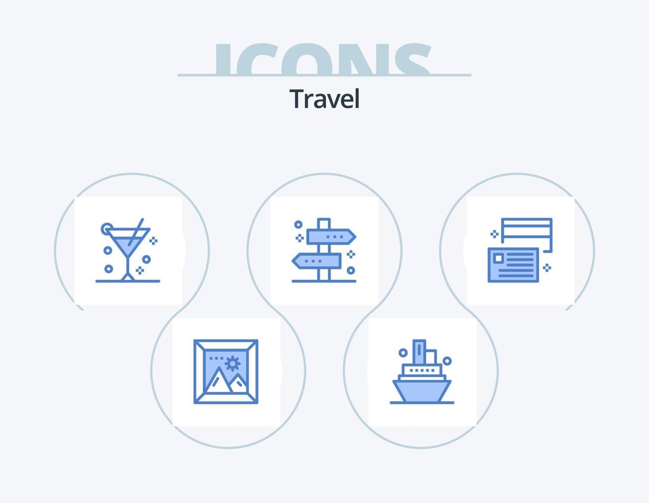 Paquete de iconos azules de viaje 5 diseño de iconos. tarjeta. forma. cóctel. viajar. mapa vector