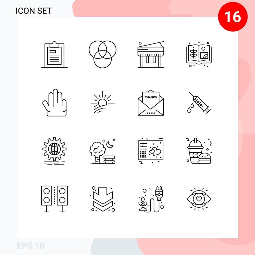 Pack of 16 creative Outlines of sun brightness piano hand fingers Editable Vector Design Elements