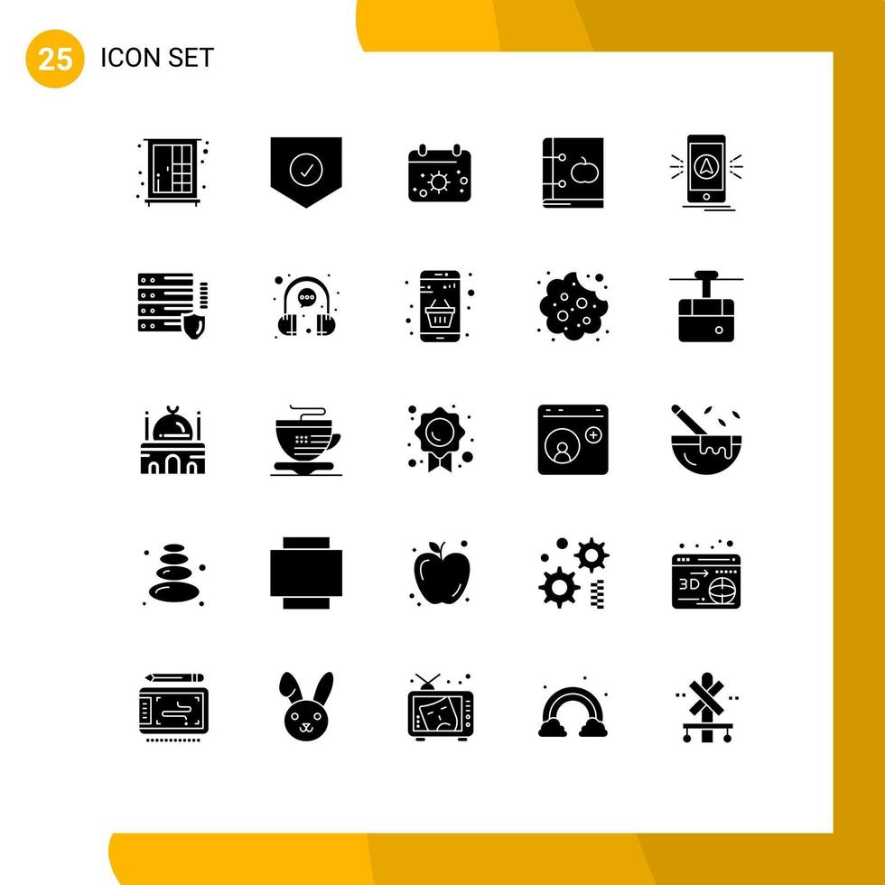 Universal Icon Symbols Group of 25 Modern Solid Glyphs of navigation knowledge beach education apple Editable Vector Design Elements