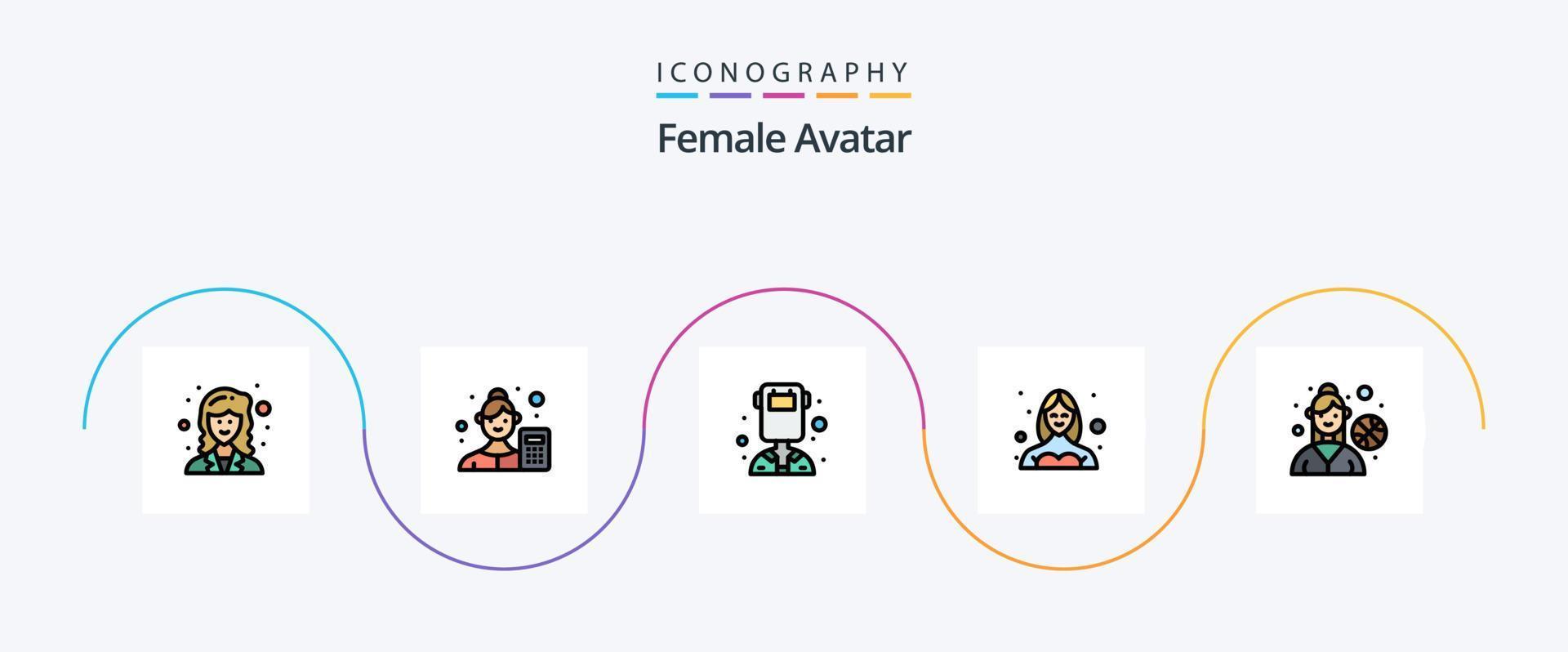 Female Avatar Line Filled Flat 5 Icon Pack Including user. female. data scientist. dancer. welder vector