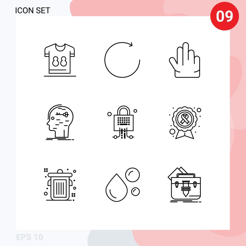 Group of 9 Outlines Signs and Symbols for locked mind fingers key hack Editable Vector Design Elements