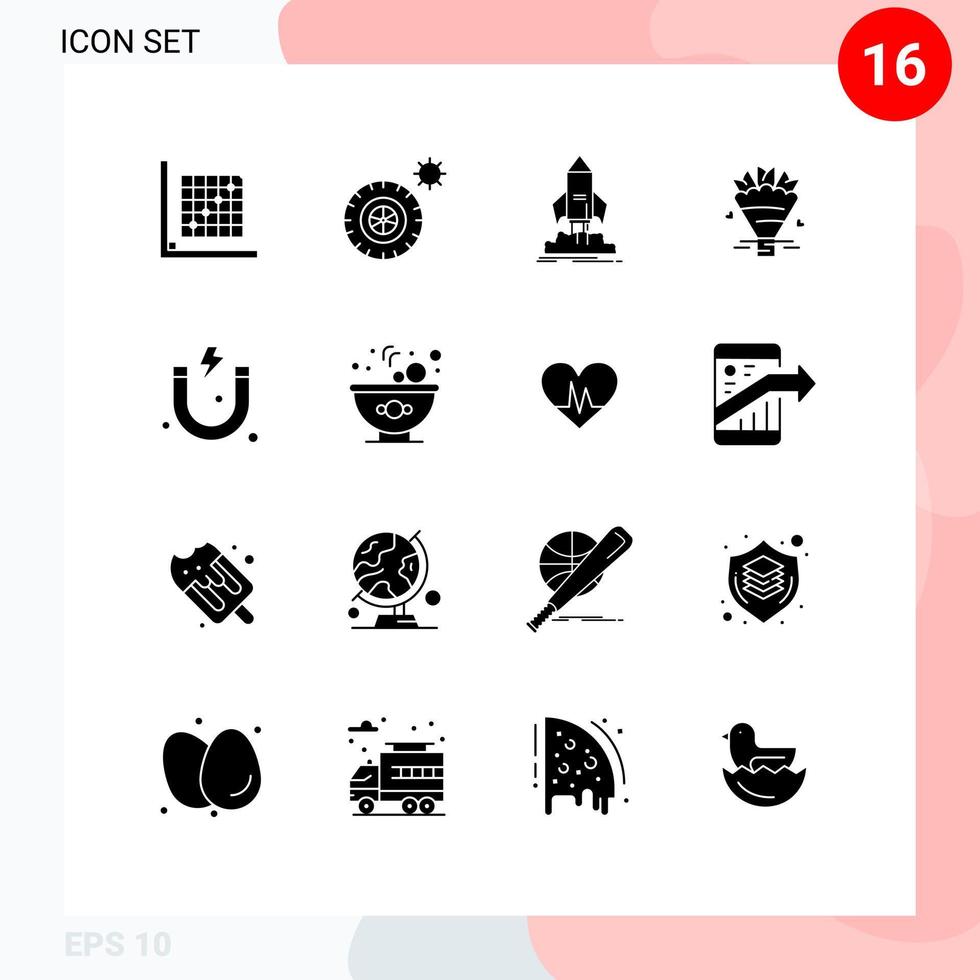 Universal Icon Symbols Group of 16 Modern Solid Glyphs of attraction flowers launch bouquet mission Editable Vector Design Elements