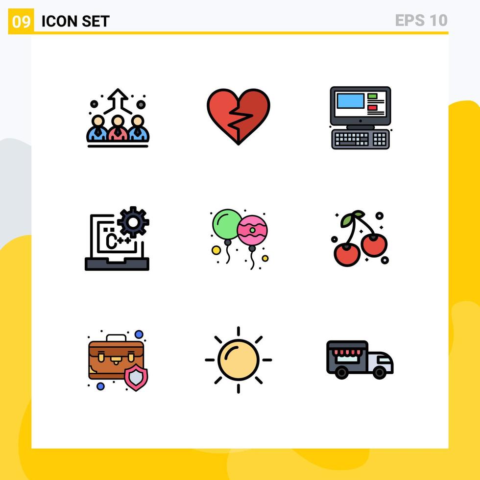 Mobile Interface Filledline Flat Color Set of 9 Pictograms of development coding broken code education Editable Vector Design Elements