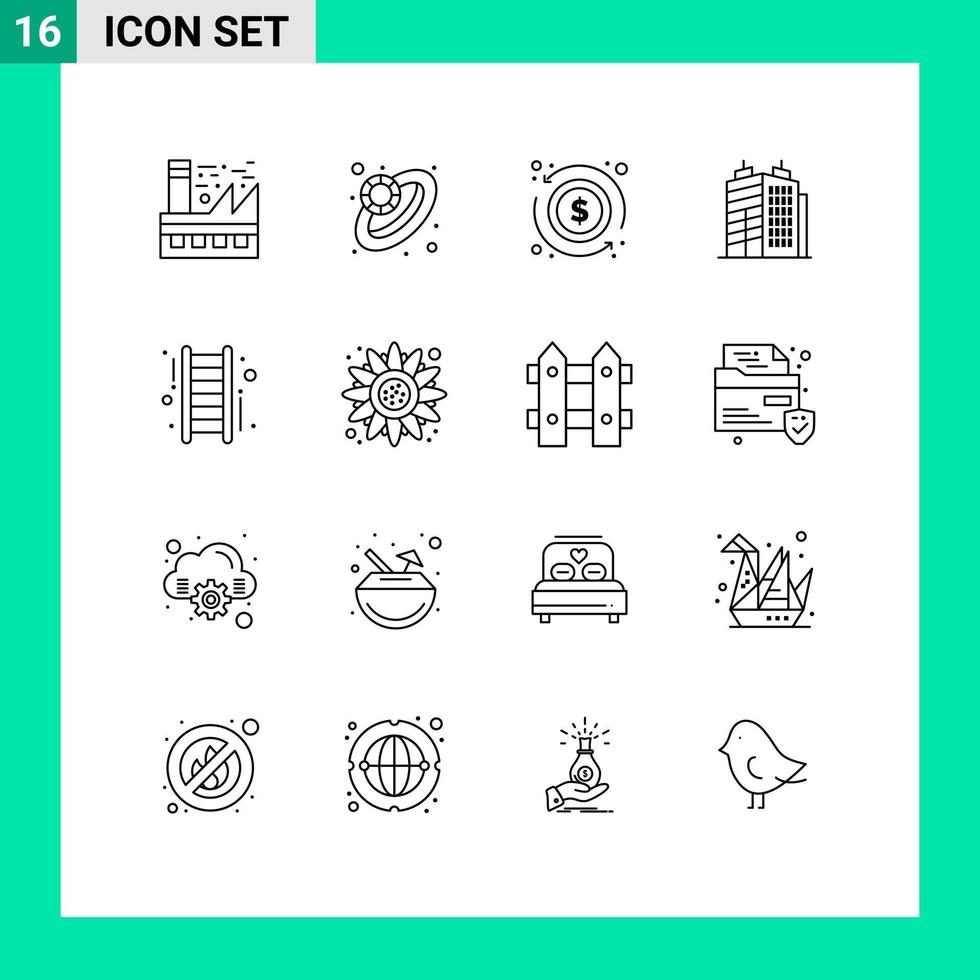 Pack of 16 Modern Outlines Signs and Symbols for Web Print Media such as start up stair arrow real building Editable Vector Design Elements
