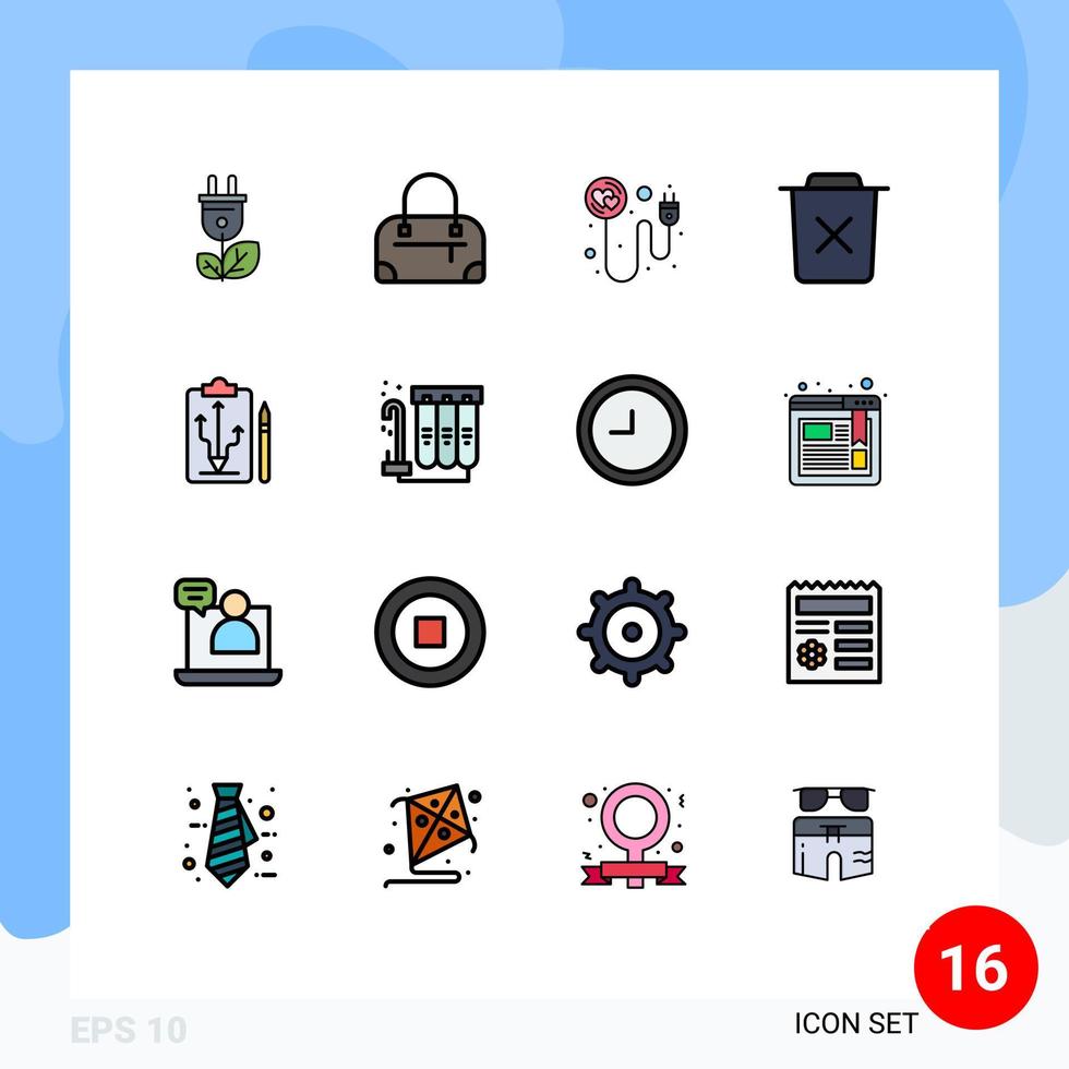 16 Universal Flat Color Filled Line Signs Symbols of strategy head recharge trash delete Editable Creative Vector Design Elements