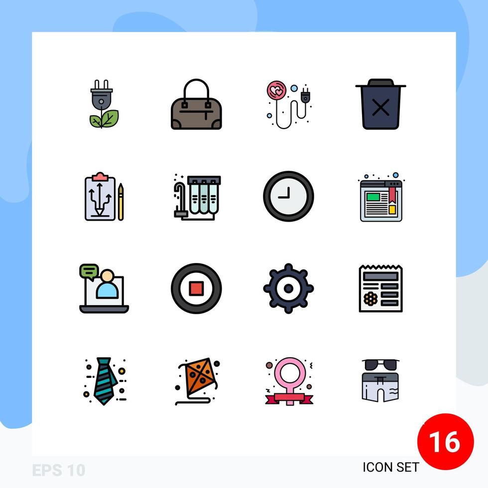 16 líneas llenas de colores planos universales símbolos de cabeza de estrategia recargar papelera eliminar elementos de diseño de vectores creativos editables