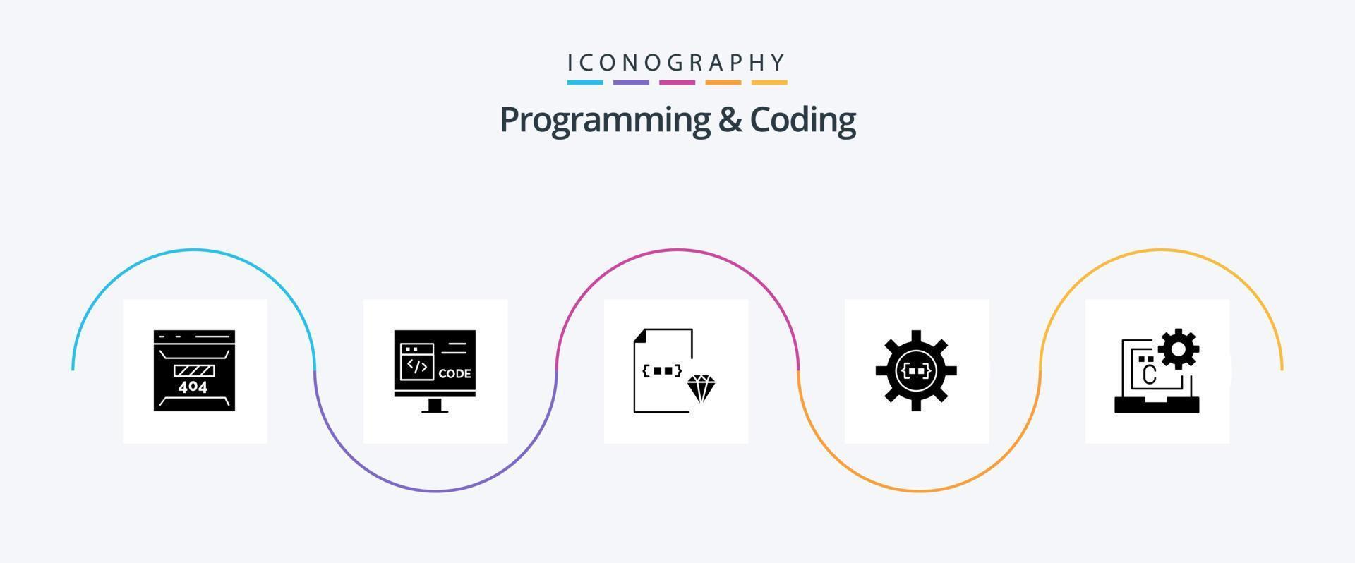 Programming And Coding Glyph 5 Icon Pack Including develop. coding. develop. file. development vector