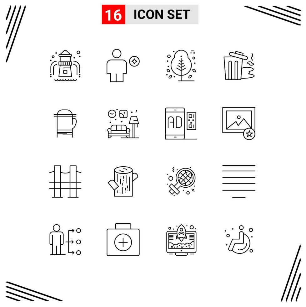 Group of 16 Outlines Signs and Symbols for microwave trash thanks day pollution environment Editable Vector Design Elements