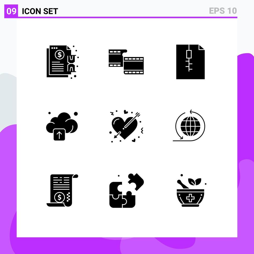 Set of 9 Modern UI Icons Symbols Signs for love cupid archive arrow upload Editable Vector Design Elements