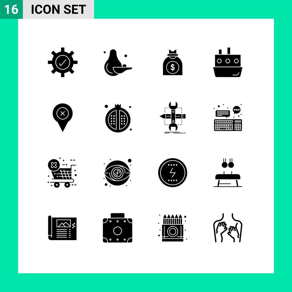 Modern Set of 16 Solid Glyphs Pictograph of location add venture transport ship Editable Vector Design Elements