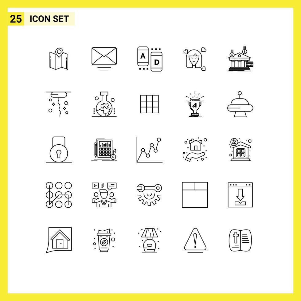 conjunto de pictogramas de 25 líneas simples de avatar de banco anuncio mujer niña elementos de diseño vectorial editables vector
