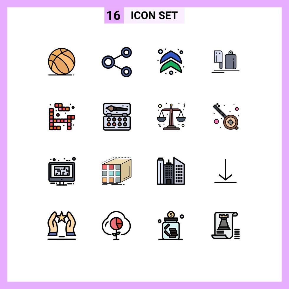 Mobile Interface Flat Color Filled Line Set of 16 Pictograms of tetris preparation social chef chopper Editable Creative Vector Design Elements