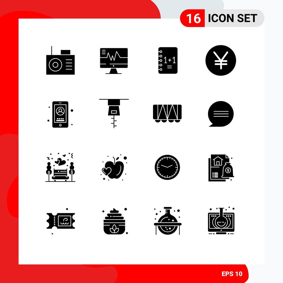 Pictogram Set of 16 Simple Solid Glyphs of clothing phone notepad mobile yuan Editable Vector Design Elements