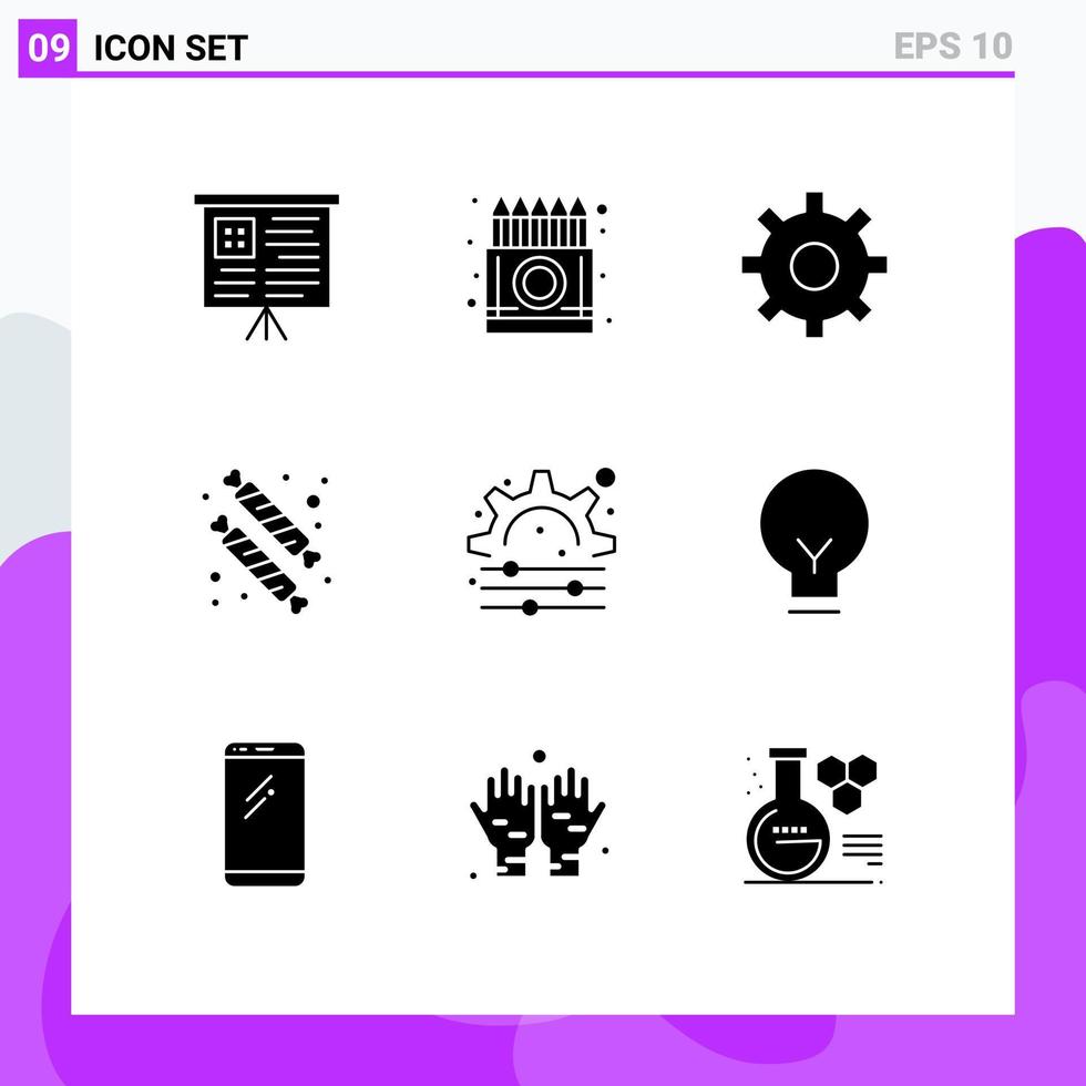 Modern Set of 9 Solid Glyphs Pictograph of gear creative gear food candy Editable Vector Design Elements