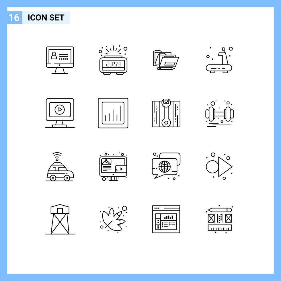 Outline Pack of 16 Universal Symbols of play monitor folder treadmill gym Editable Vector Design Elements