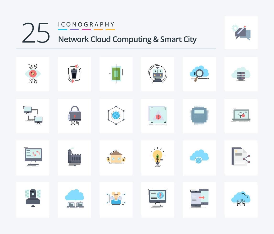 paquete de iconos de 25 colores planos de computación en la nube de red y ciudad inteligente que incluye tren. teléfono inteligente gestión. teléfono. sincronización vector