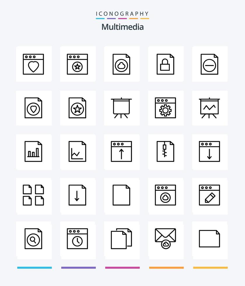 Creative Multimedia 25 OutLine icon pack  Such As presentation. board. lock. file. document vector