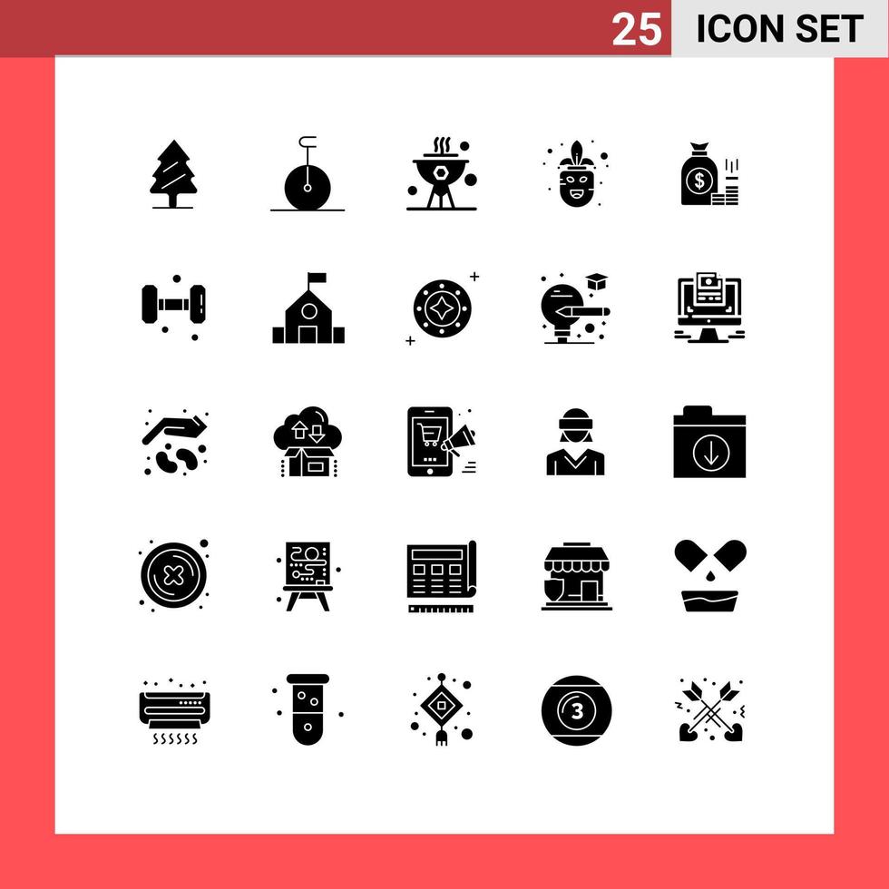 25 Universal Solid Glyphs Set for Web and Mobile Applications bank money cook mask costume Editable Vector Design Elements