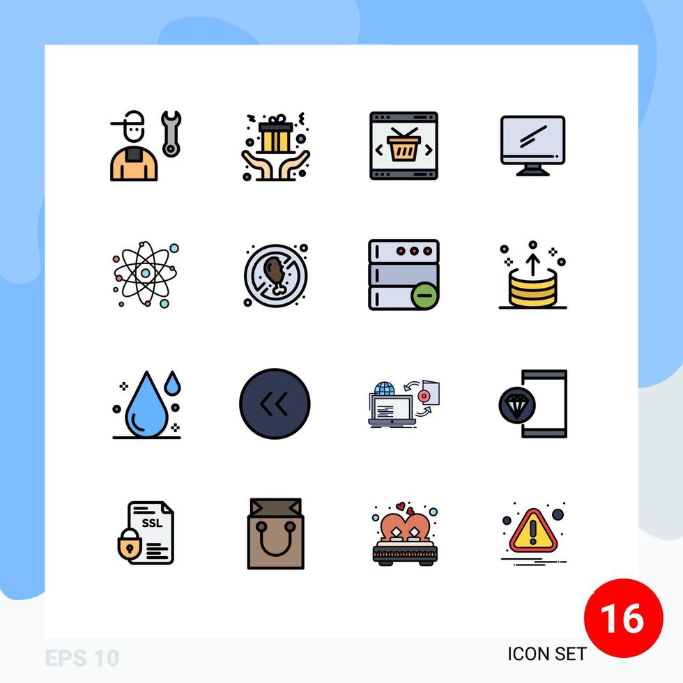 16 Thematic Vector Flat Color Filled Lines and Editable Symbols of imac monitor present computer shopping Editable Creative Vector Design Elements