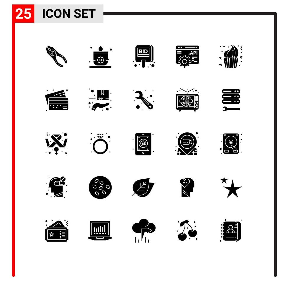 Group of 25 Modern Solid Glyphs Set for cake application programme interface auction api concept tag Editable Vector Design Elements