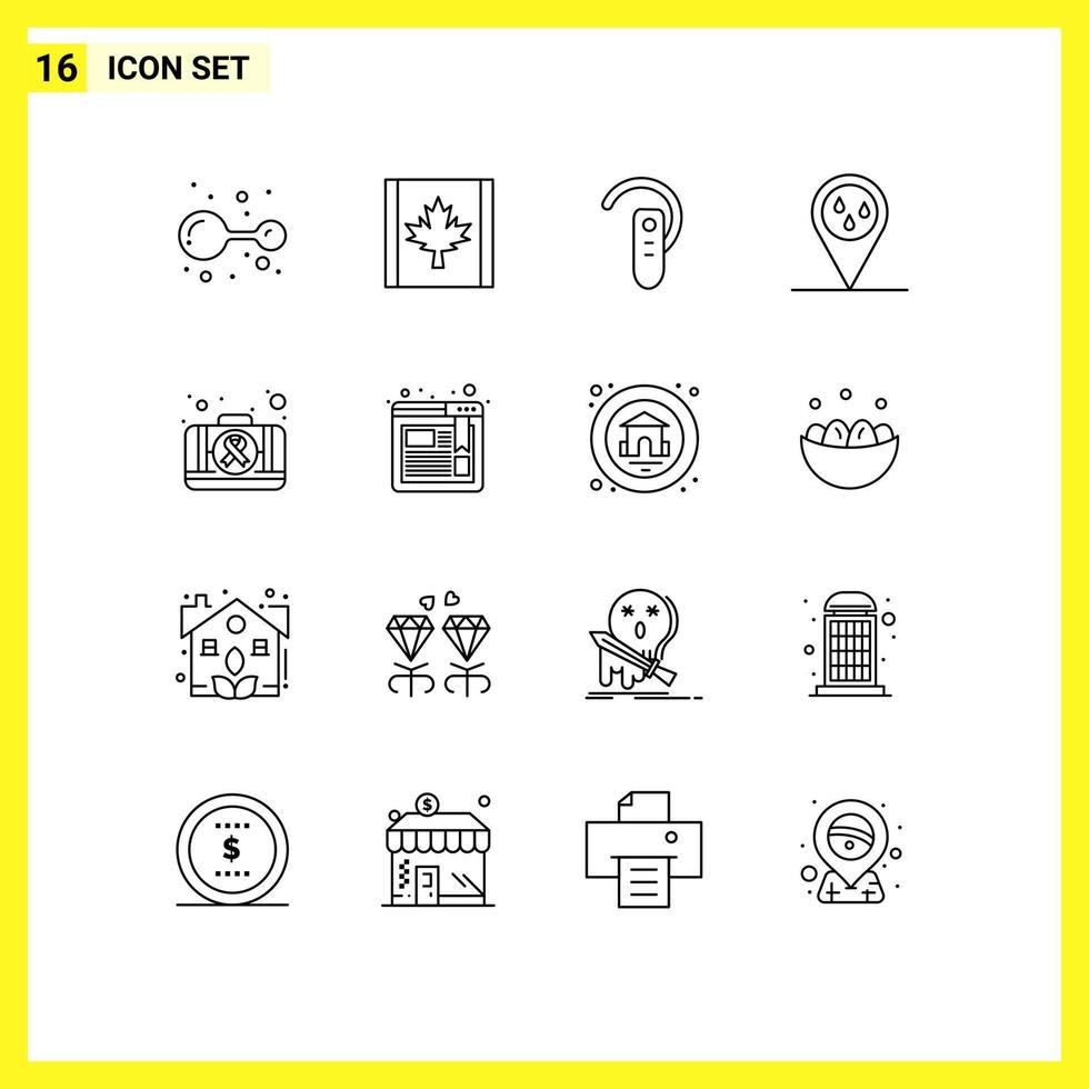 Group of 16 Modern Outlines Set for case first aid bluetooth weather forecast Editable Vector Design Elements