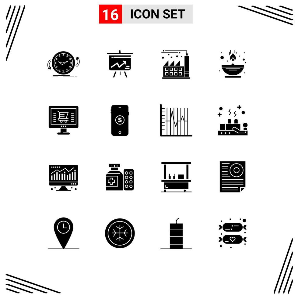 Modern Set of 16 Solid Glyphs and symbols such as computer oil board lamp fire Editable Vector Design Elements