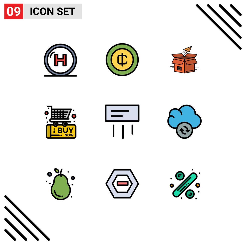 9 símbolos de signos de color plano de línea de relleno universal de compra de lanzamiento de dinero de lanzamiento de producto elementos de diseño vectorial editables vector