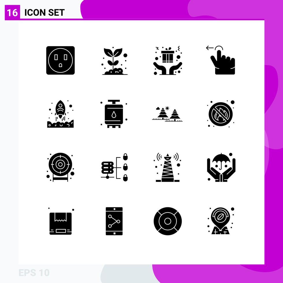 Modern Set of 16 Solid Glyphs Pictograph of up rocket christmas launching gesture Editable Vector Design Elements