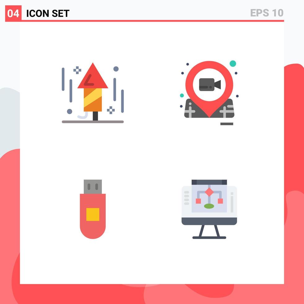 4 Universal Flat Icons Set for Web and Mobile Applications celebration usb rocket movie data Editable Vector Design Elements