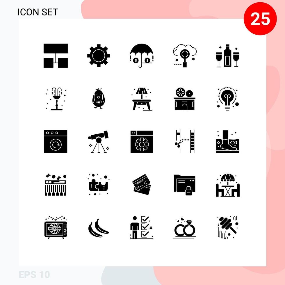 Editable Vector Line Pack of 25 Simple Solid Glyphs of celebration alcohol insurance search media Editable Vector Design Elements